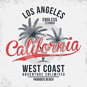 California, Los Angeles typography. T-shirt graphics with tropic palms