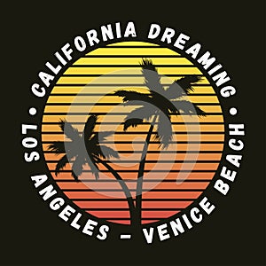 California, Los Angeles, Venice Beach - typography for design clothes, t-shirt with palm trees. Graphics for apparel. Vector.