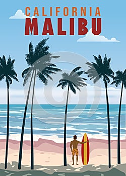 California Malibu Beach retro travel poster