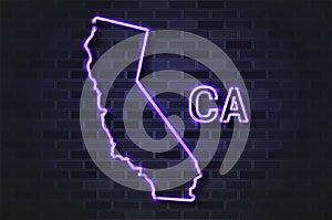 California map glowing neon lamp or glass tube on a black brick wall