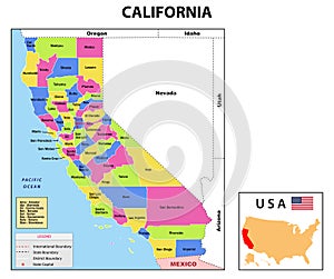 California Map. State and district map of California. Administrative and political map of California with neighboring countries