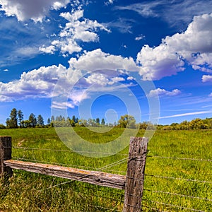 Prado rancho en cielo azul primavera 