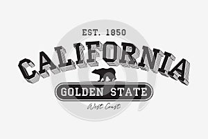 California modern typography for t-shirt. California college tee shirt with grizzly bear. Golden State slogan. Vector