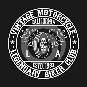 California motorcycle graphic for t-shirt. Los Angeles, LA biker club logo for clothes design. Vintage apparel typography. Vector