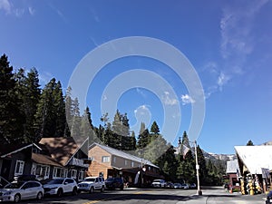 California Mountain town main street with blue skies