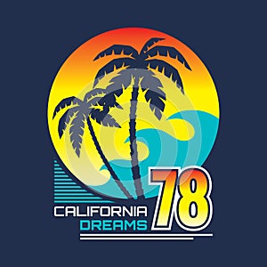 California nights - vector illustration concept in vintage graphic style for t-shirt and other print production.