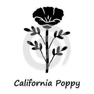 California poppy glyph icon. Papaver rhoeas with name inscription. Corn rose blooming wildflower. Herbaceous plants