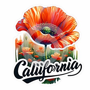 California Poppy, state California, USA, watercolor, logo style, sticker style