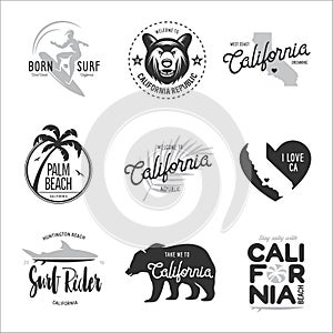California related t-shirt vintage style graphics set. Vector illustration.