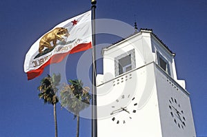 California Republic flag in front of the Union Station Rail Transit in the city of Los Angeles, California