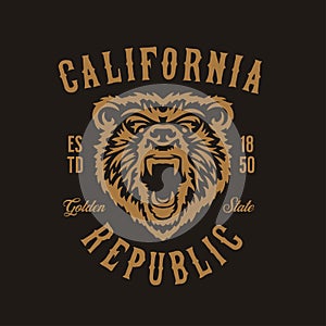 California republic t-shirt design with grizzly bear head. Vector vintage illustration.