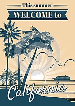 California republic vector poster with palm trees, sport t shirt surfing graphics