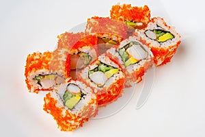 California roll with shrimp, tobiko, avocado and Japanese mayonnaise