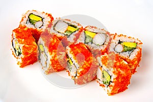 California roll with shrimp, tobiko, avocado and Japanese mayonnaise