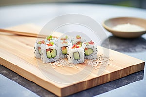 california rolls with crabmeat and cucumber on a wooden board