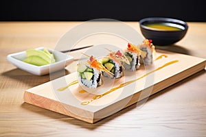 california rolls with crabmeat and cucumber on a wooden board