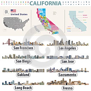 California`s vector high detailed map showing counties formations. Skylines of major cities of California