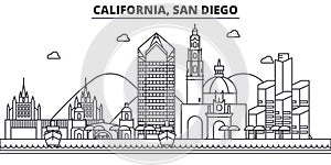 California San Diego architecture line skyline illustration. Linear vector cityscape with famous landmarks, city sights