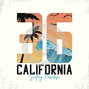 California slogan for surfing t-shirt typography with waves and palm trees. Surf number tee shirt with grunge. Vector