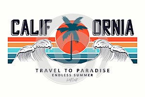 California slogan for t-shirt typography with waves, palm trees and sun. Tee shirt design, trendy apparel print. Vector