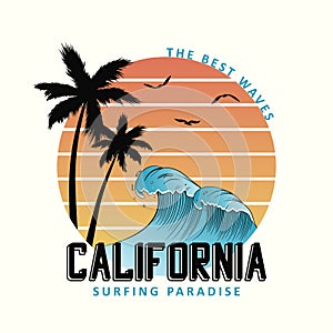 California slogan for t-shirt typography with waves and palm trees. Surf tee shirt design, surfing apparel print. Vector