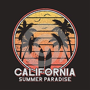 California slogan typography for design clothes, t-shirts. Surf tee shirt design with palm trees and surfboard. Vector