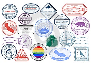 California stamps set, postage stamp with symbols of state and map outline
