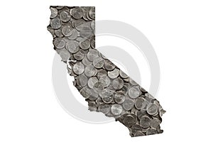 California State Map Outline with Piles of Nickels, Money Concept photo