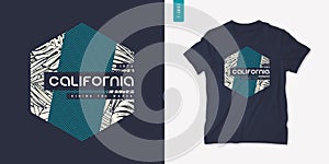 California summer graphic t-shirt design, tropical print, vector illustration