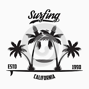 California surfing typography for design clothes, t-shirt with palm trees, hammock and surfboard. Graphics for apparel. Vector.
