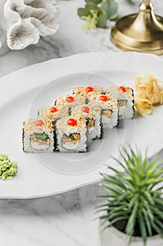 California sushi roll with eel, avocado and cucumber in the white plate on light marble background. Healthy sea food, hard light,