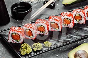 California sushi style rolls, with raw vegetables, food border background