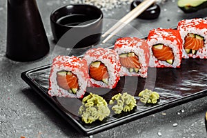 California sushi style rolls, with raw vegetables, food border background