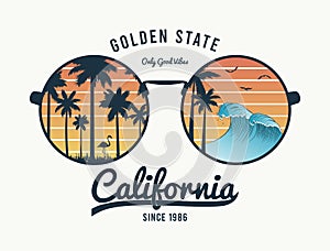 California t-shirt design with color sunglasses with palm trees silhouette, flamingo and waves. Sun glasses print for tee shirt