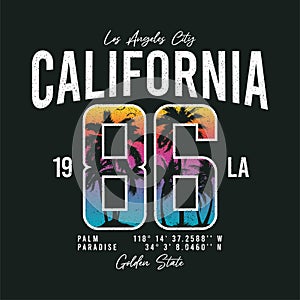 California t-shirt design with number on sunset beach sky background and silhouette of palm trees.