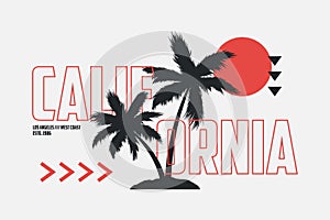 California t-shirt design with palm trees and outline text. Modern typography graphics for tee shirt. Los Angeles apparel print