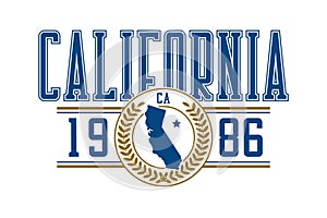 California t-shirt design. Typography graphics for college tee shirt with California map. Varsity style apparel print. Vector