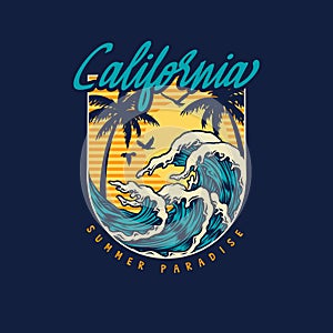 California t-shirt design with waves, palm trees and sun