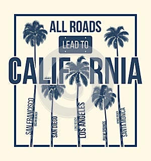 California t-shirt graphic design with palms. T-shirt print, typography, label, badge, emblem.