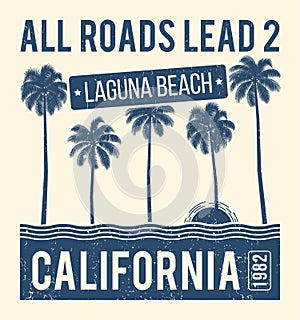 California t-shirt graphic design with palms. T-shirt print, typography, label, badge, emblem.