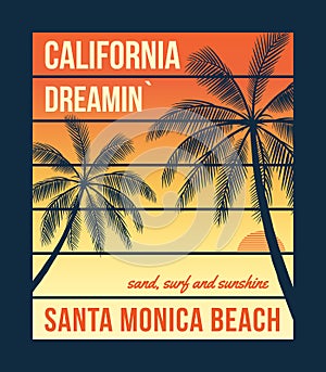 California t-shirt graphics with palms. T-shirt design, print, typography, label, badge.