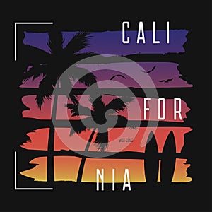 California t-shirt typography with color gradient brushes and palm trees silhouettes. Trendy apparel design. Surfing tee shirt.