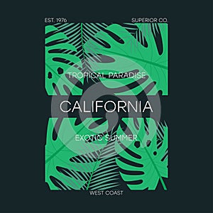 California t-shirt typography with tropical leaves. Original apparel design with palm leaf, summer clothes print. Vector