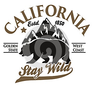 California typography print, grizzly Bear t-shirt. vector