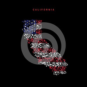 California US state flag map, chaotic particles pattern in the american flag colors. Vector illustration