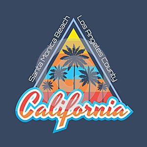 California - vector illustration concept in vintage style for t-shirt and other print production. Palms. Badge logo design. Retro