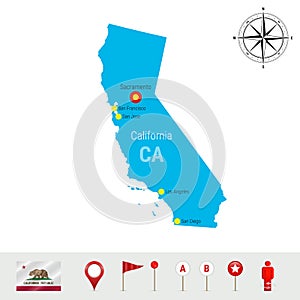 California Vector Map Isolated on White Background. Detailed Silhouette of California State. Official Flag of California