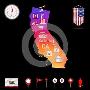 California Vector Map, Night View. Compass Icon, Map Navigation Elements. Pennant Flag of the USA. Industries Icons