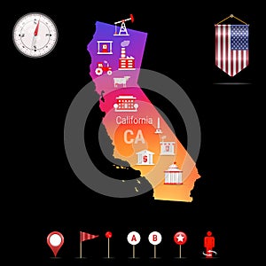 California Vector Map, Night View. Compass Icon, Map Navigation Elements. Pennant Flag of the USA. Industries Icons