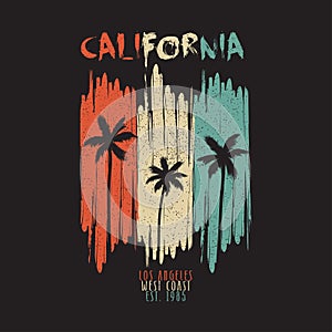 California vintage t-shirt typography with palm trees and grunge. Los Angeles original apparel design for summer clothes print.